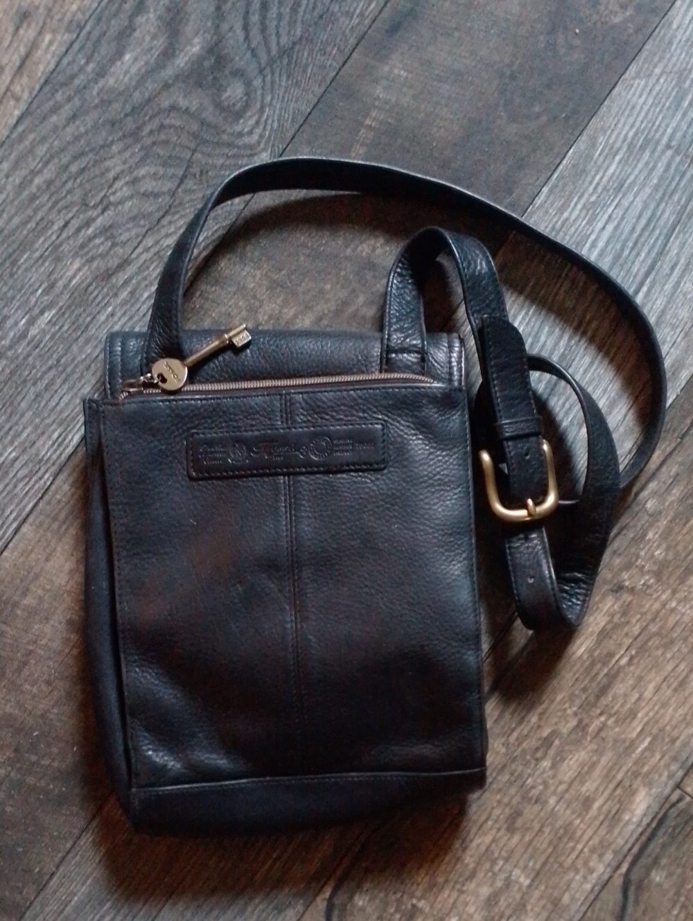 Fossil Vintage Black Genuine Leather Crossbody Purse, Brass Buckle And Key 1954